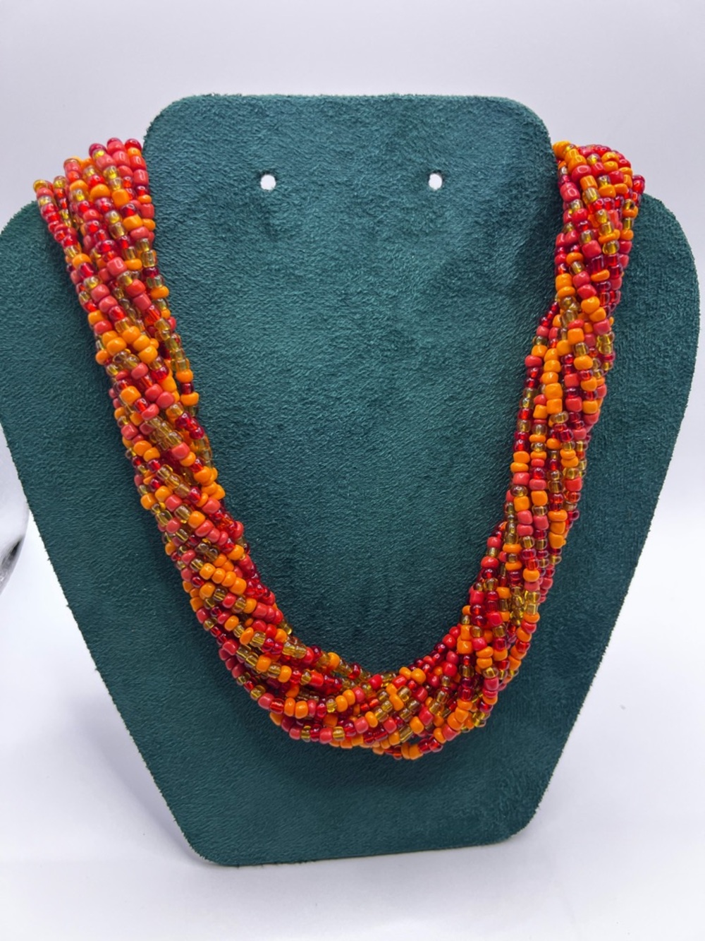 Handcrafted Multistrand Glass Red, Orange, Green-Yellow Beaded Necklace VINTAGE